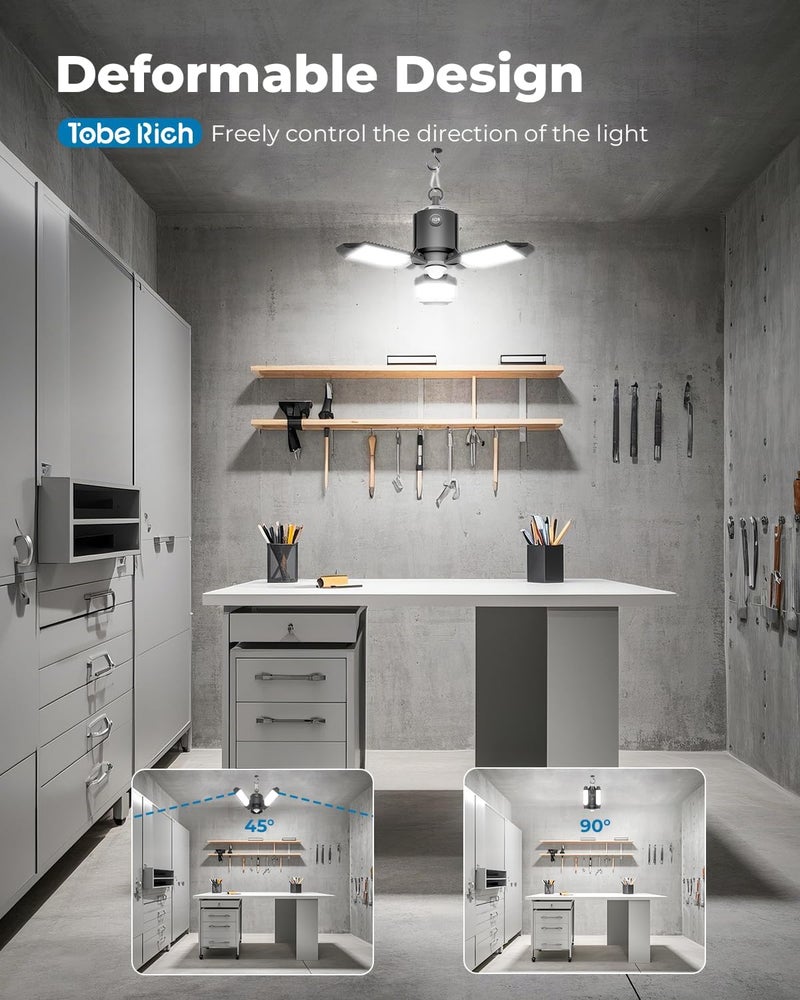 toberich Motion Sensor Garage Light Plug in, 8000LM Shop Light w/ 3 Modes, 3 Deformable LED Panels, 6500K Indoor Motion Sensor Light Bulb for Garage, Utility Room, Basement (1 Pack) - Image 4